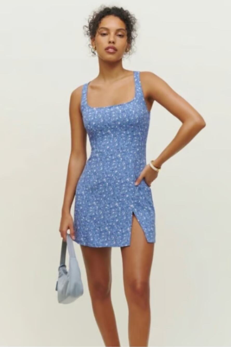 Reformation Noha Mini Dress Size 4 Blue Ditsy Floral Slit Fall Wedding Guest